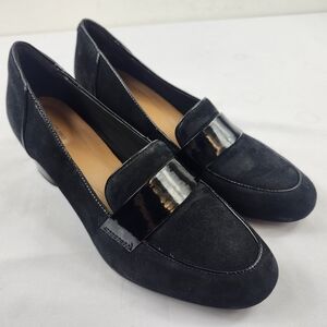Clarks Womens 7.5 M Black Suede Slip On Heels Evening Shoes